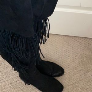Over the knee black fringe boots